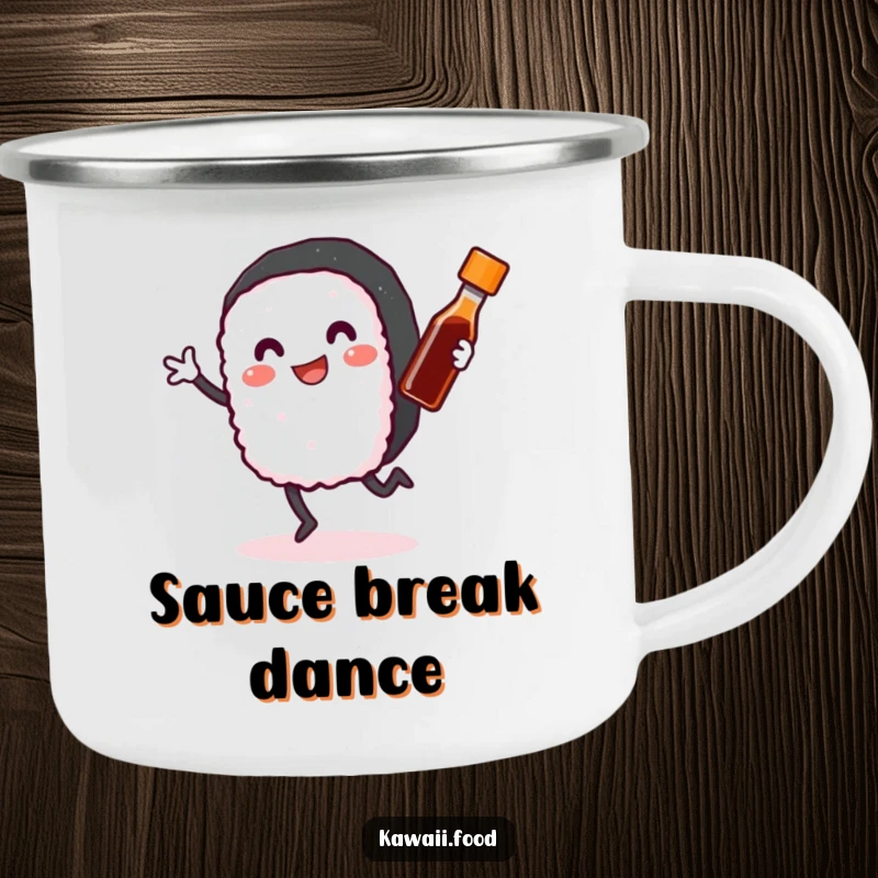 Funny Sushi Roll Camping Mug: A smiling sushi roll with arms and legs happily dancing with a tiny soy sauce bottle, durable and humorous for outdoor enjoyment.