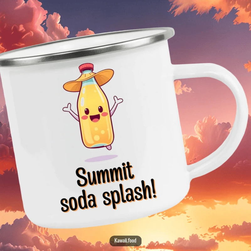 Funny soda bottle character with a straw hat, doing a celebratory jump, designed for a rugged camping mug.