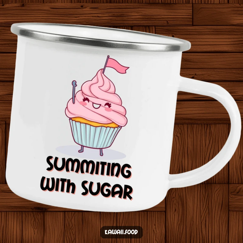 Funny enamel camping mug featuring a happy cupcake with legs waving a tiny flag from a frosting mountain, perfect for outdoor enjoyment.