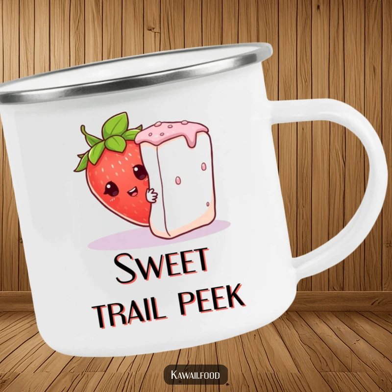 Funny curious strawberry wearing a leaf hat, peeking from behind a sugar cube, perfect for outdoor fun on this humorous camping mug.