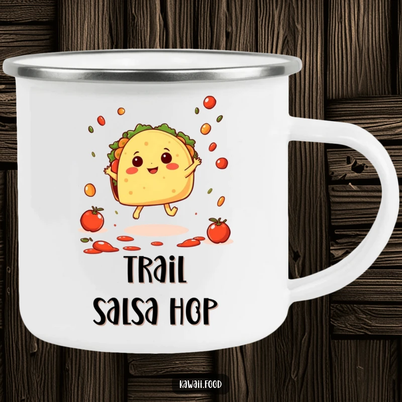 Funny Taco Hop Camping Mug: A cheerful taco character with tiny feet joyfully hopping amidst falling salsa, durable and humorous for outdoor fiestas.