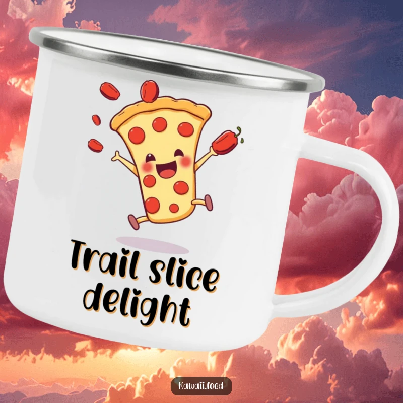 Funny pizza slice character doing a cartwheel with pepperonis flying, designed for a rugged camping mug.