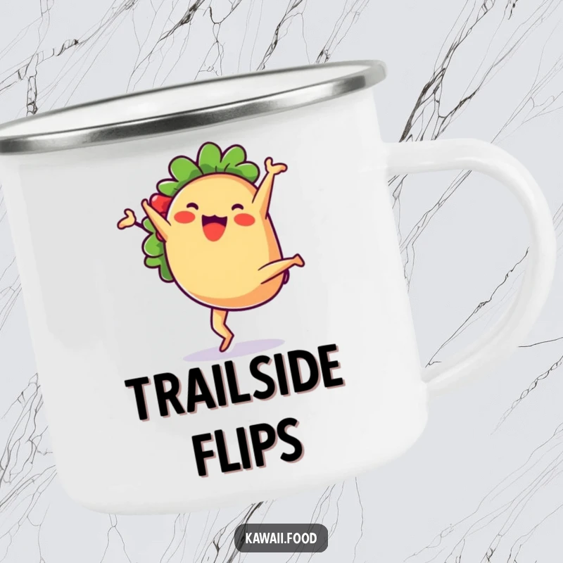 Cute anthropomorphic taco character doing a cartwheel, on a durable camping mug for rugged, humorous enjoyment.
