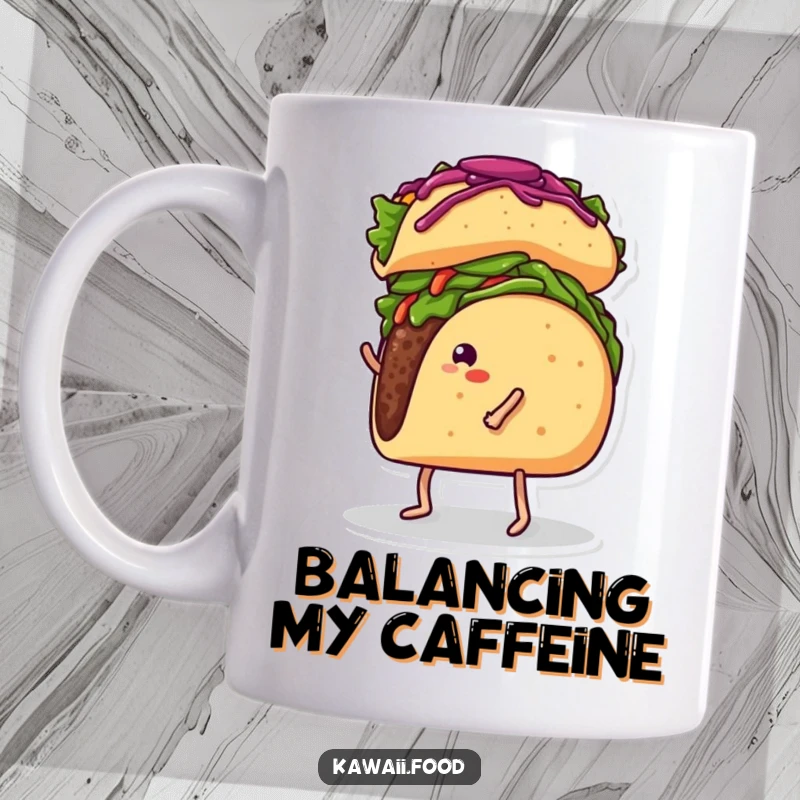 Funny mug depicting a taco with legs comically attempting to balance a large burrito on its head, showcasing culinary chaos.