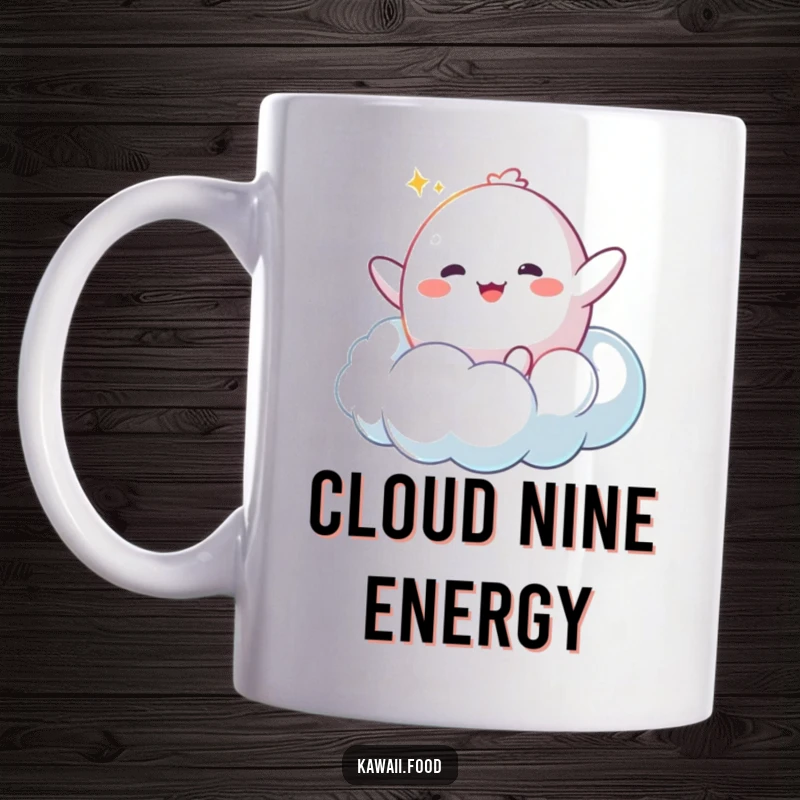 Funny Mochi Cloud Mug: A happy mochi character bouncing enthusiastically on a fluffy cloud, radiating pure joy and lightness.