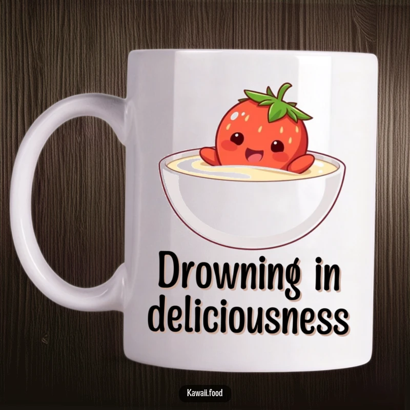 Funny mug with a happy strawberry character comically attempting to swim in a bowl of cream, a sweet and silly scene.