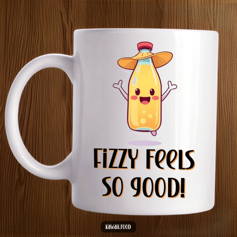 Funny soda bottle character in a straw hat joyfully jumping with a fizzy explosion, perfect for a celebratory mug.