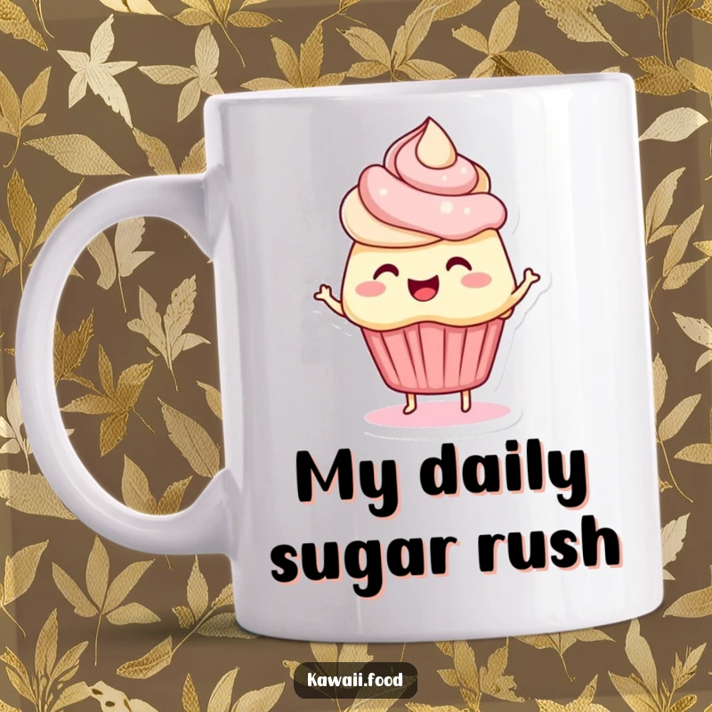 Funny mug featuring a bouncing cupcake character with colorful frosting hair wiggling happily, spreading joy and sweetness. A delightful gift.