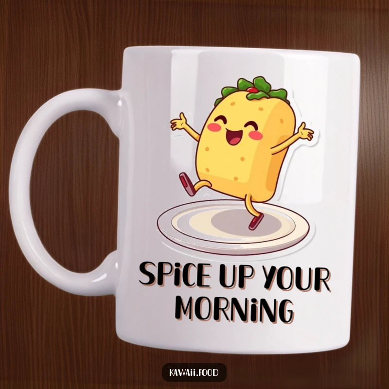 Smiling taco character with legs breakdancing enthusiastically on a plate, depicted on a fun and humorous mug.