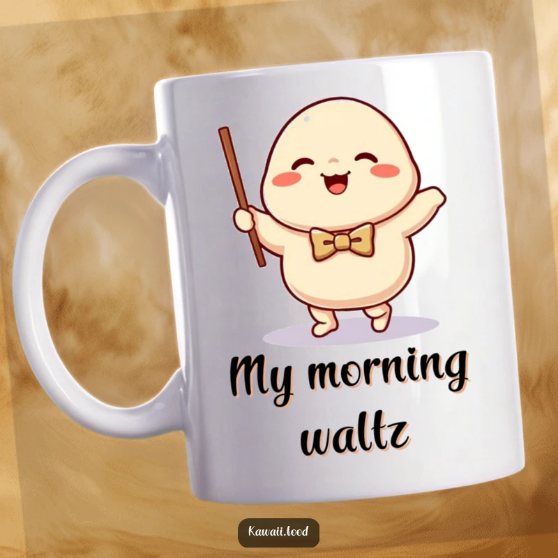 Funny happy dumpling character wearing a small bow tie, excitedly waltzing with a chopstick, bringing charming humor to this mug.