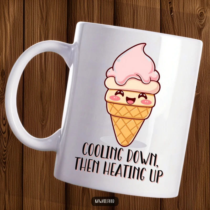 Funny ice cream cone mug, giggling and melting then reforming, a sweet and humorous character enjoying a delightful moment.