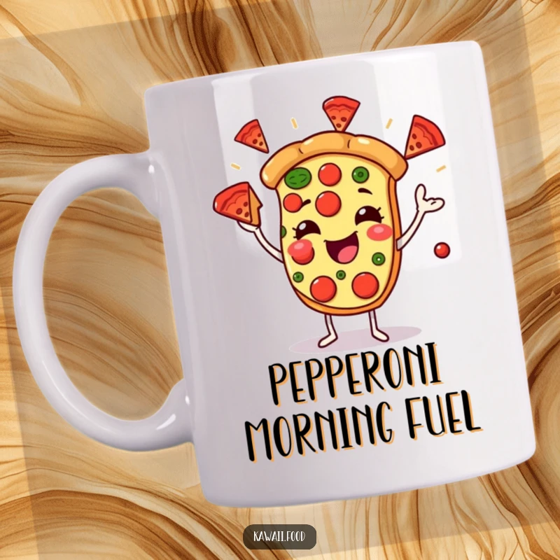 Funny mug showing a joyful pizza character skillfully juggling pepperoni slices, celebrating the fun and deliciousness of pizza with a comical twist.