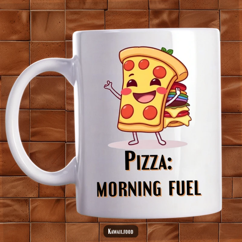 Funny grinning pizza slice character attempting to balance a precarious stack of toppings on a mug, showcasing a humorous struggle.