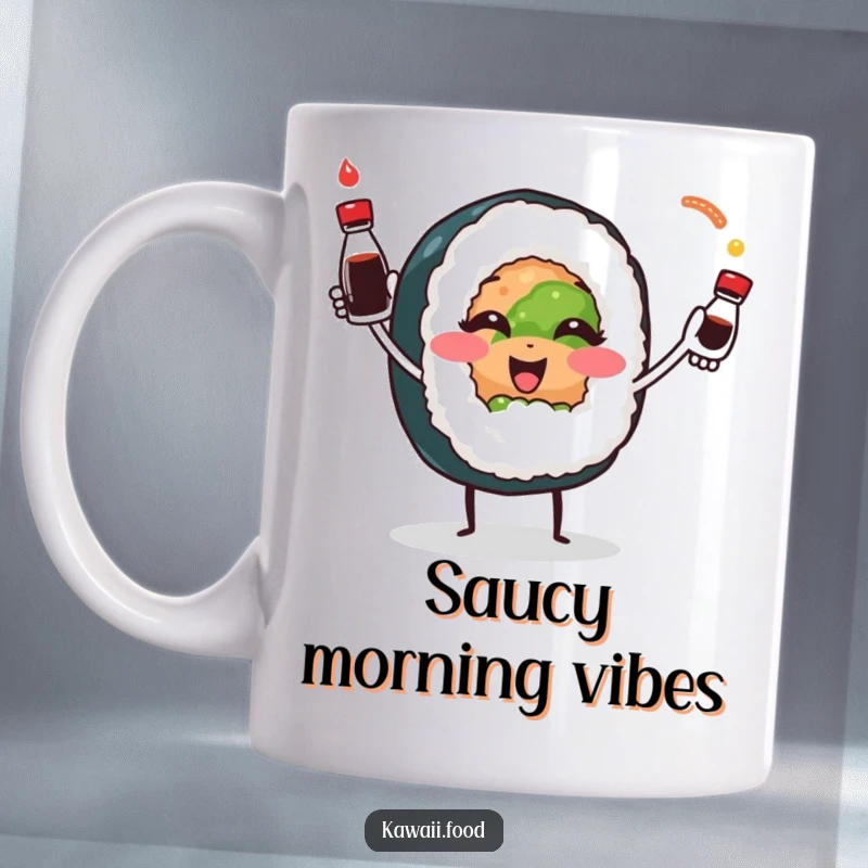 Smiling sushi roll character playfully juggling tiny soy sauce bottles, looking delightful and humorous on this mug.