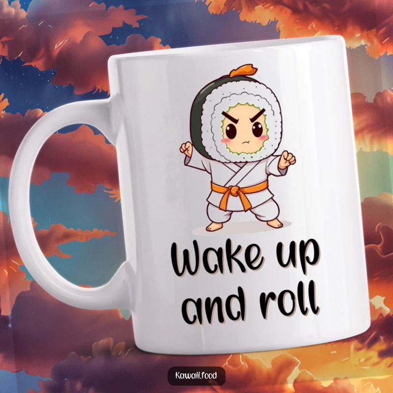 Funny mug featuring a sushi roll character in a karate belt, fiercely practicing a chop. Ready for action and caffeine.