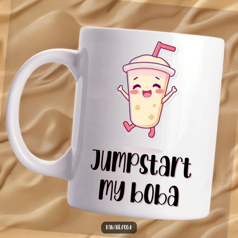 Funny mug depicting a vibrant bubble tea character in a joyful jump, celebrating energy, fun, and the love for this popular drink.