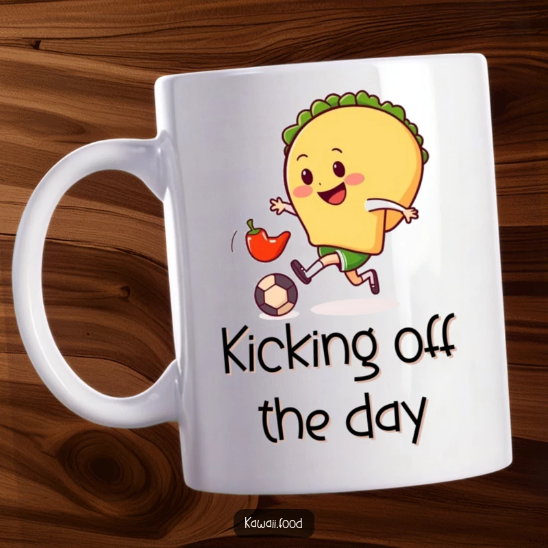Funny mug shows a smiling taco character gleefully kicking a tiny chili pepper soccer ball, embodying playful energy and love for the game.