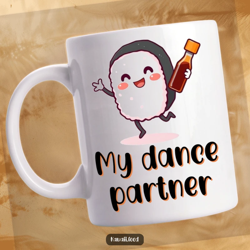 Funny Sushi Roll Mug: A smiling sushi roll with arms and legs joyfully dancing with a tiny soy sauce bottle, perfect for food lovers.