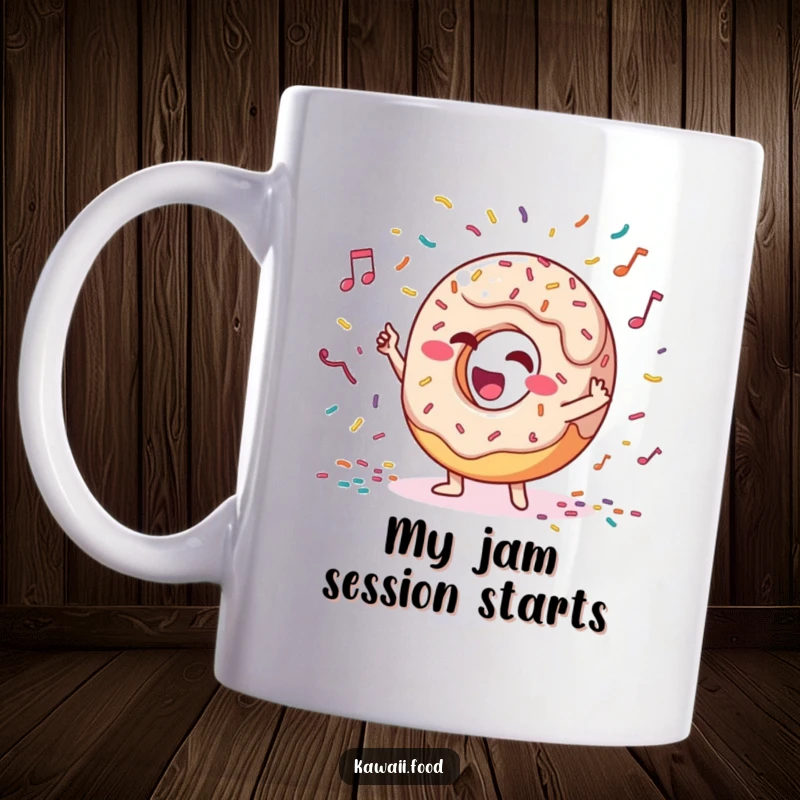 Funny mug with a giggling donut character enthusiastically conducting an orchestra of colorful sprinkles, creating a joyous and whimsical scene.