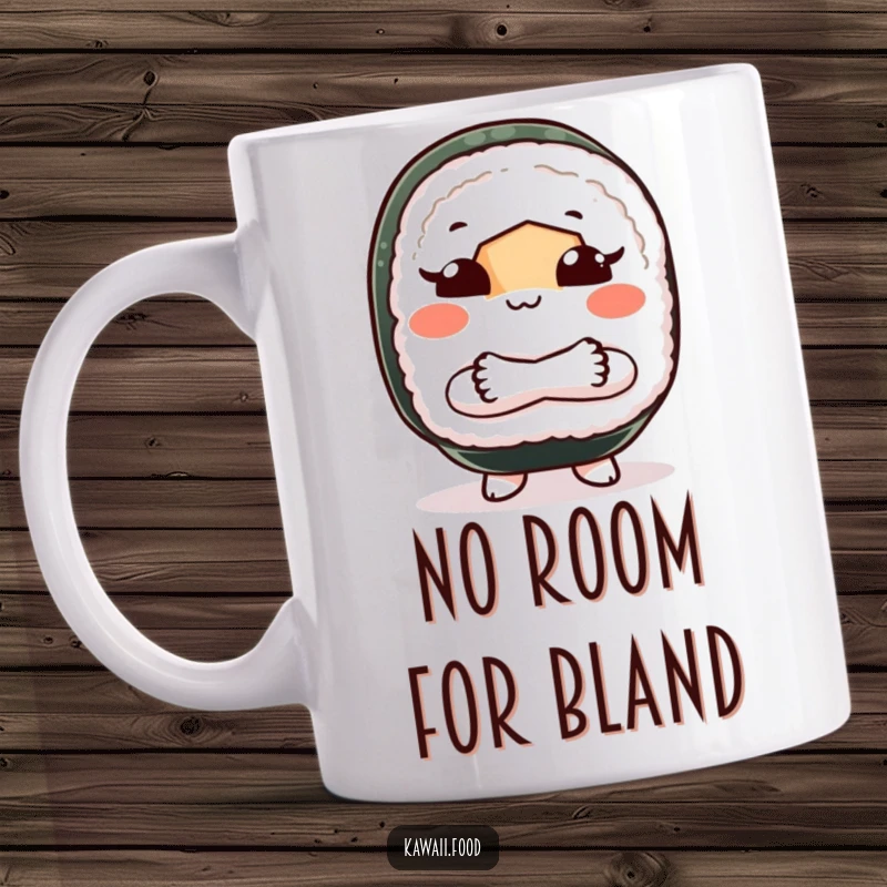 Funny mug featuring a sushi roll character with crossed arms, playfully gesturing ‘shoo’ to keep unwanted attention away.