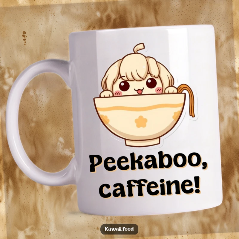 Funny Ramen Bowl Mug with a curious character peeking out, showing off tiny noodle arms, a hilarious and heartwarming design.