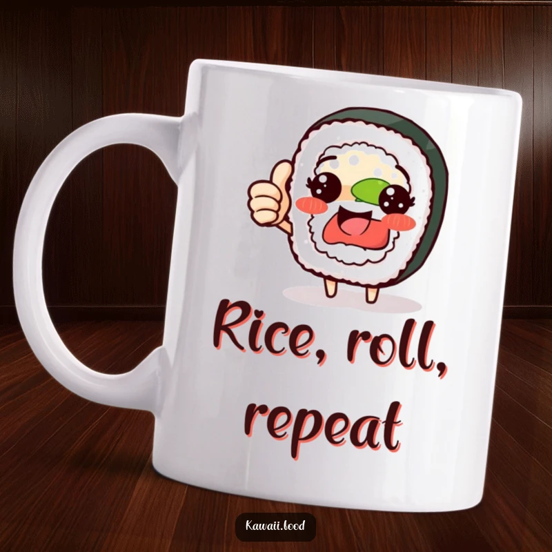 Funny sushi roll character mug giving a proud thumbs up, celebrating great taste with a smile, perfect for a funny gift.