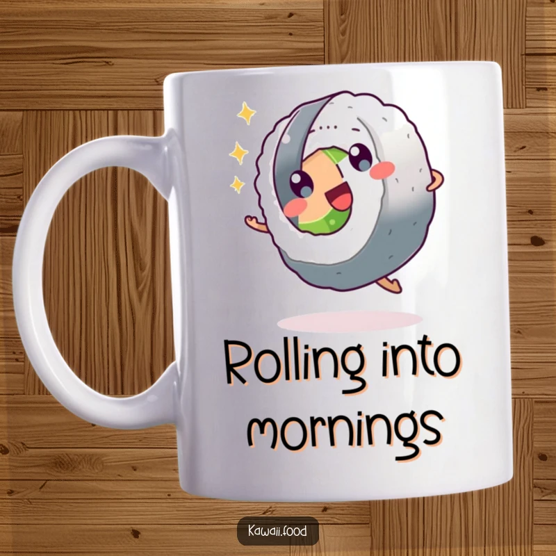 Funny sushi roll character with sparkling eyes doing a joyful cartwheel on a mug, radiating energy and happiness.