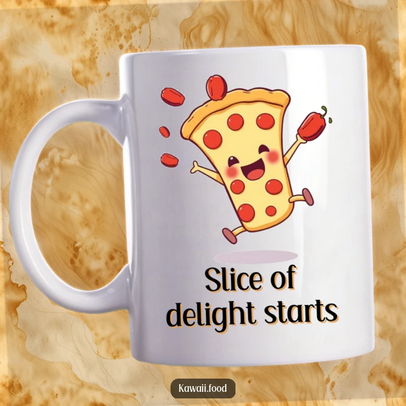 Funny, happy pizza slice character doing a cartwheel with pepperonis flying, perfect for a fun mug.