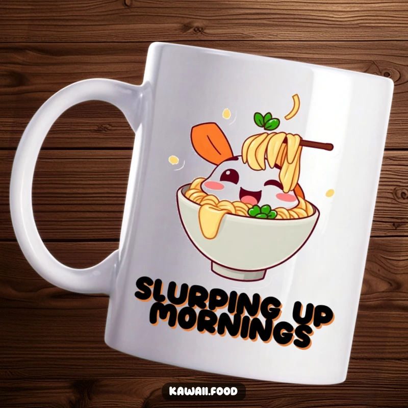 Funny cheerful ramen bowl character slurping imaginary noodles with glee on a mug, radiating pure joy and satisfaction.