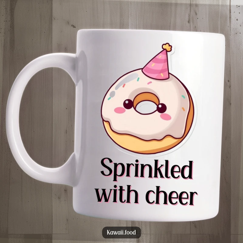 Funny donut character mug wearing a tiny party hat, a playful sweet treat full of joy, perfect for a funny gift.