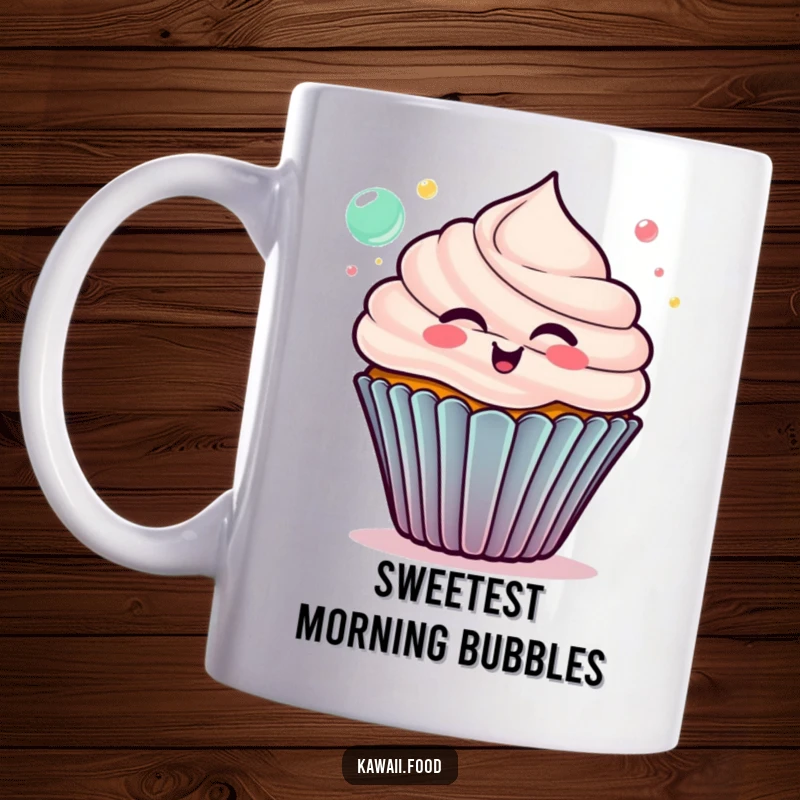Funny cupcake mug, delighted character blowing colorful bubbles, a cheerful and sweet design for a humorous kitchen accessory.