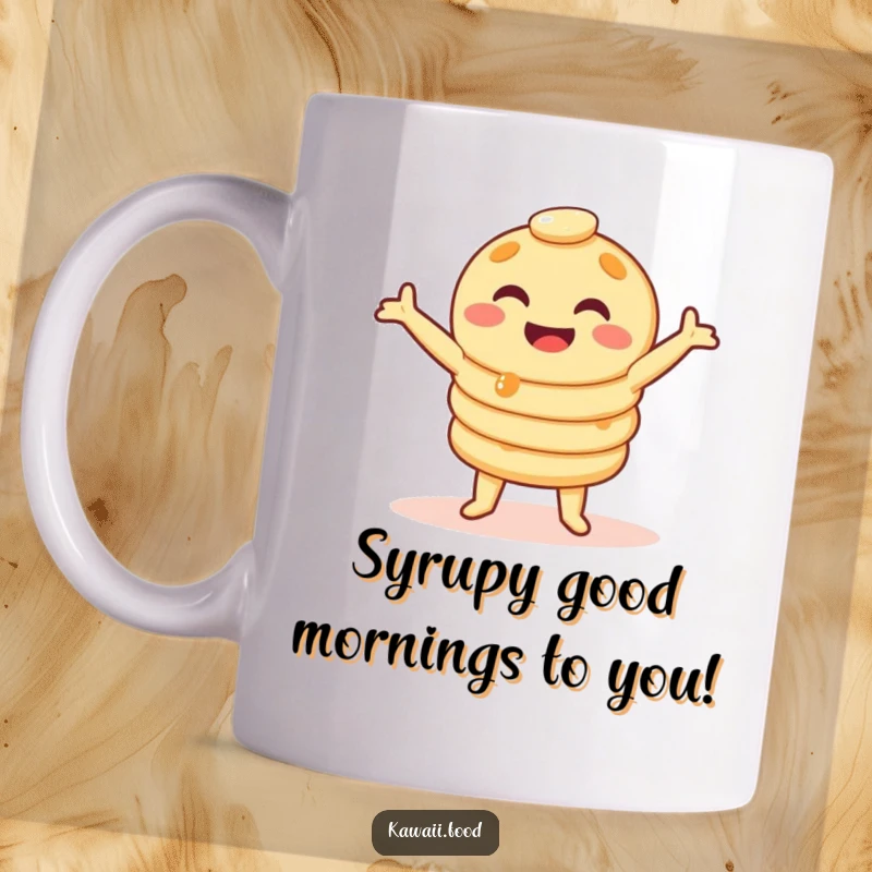 Funny pancake stack mug doing a silly wobble dance, a hilarious breakfast character in motion, perfect for a funny gift.