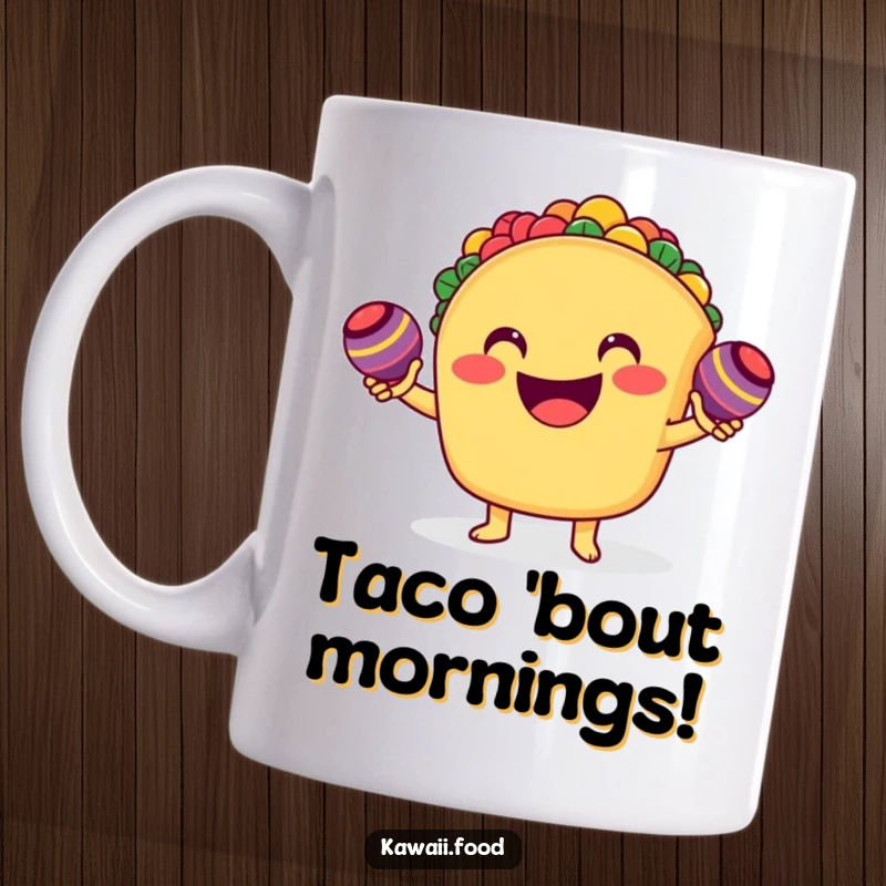 Funny smiling taco character enthusiastically shaking tiny maracas on a mug, radiating festive energy and fun.