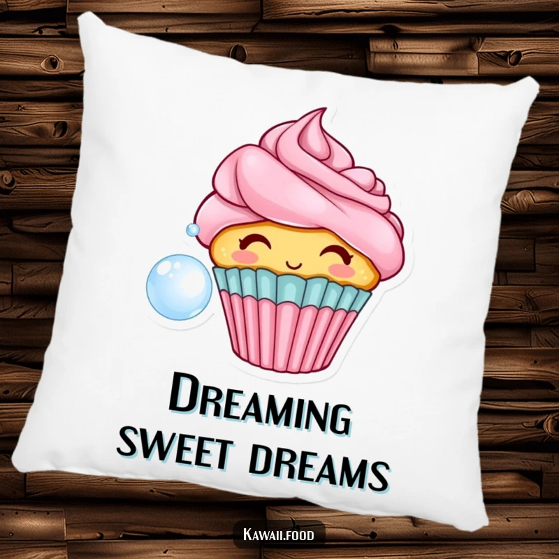 Funny pillow showcasing a cheerful cupcake with frosting hair, blowing a bubble, offering soft comfort and sweet, whimsical decor.
