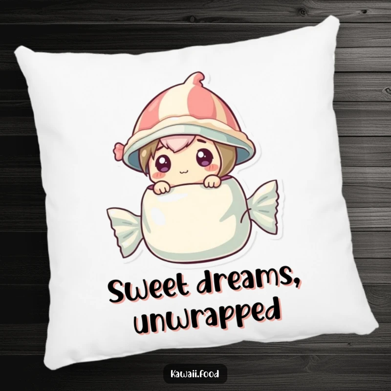 Funny pillow featuring a curious candy character wearing a wrapper hat, popping out of a larger wrapper.