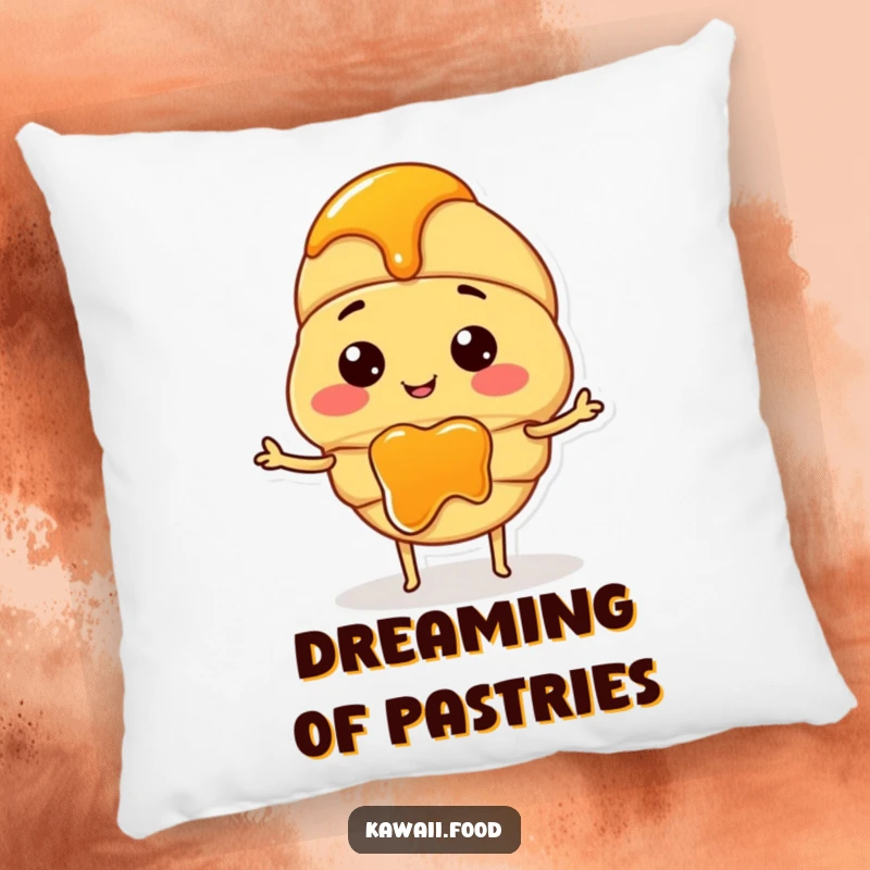 Funny pillow with a cute croissant character and small arms, actively spreading jam with pure delight.