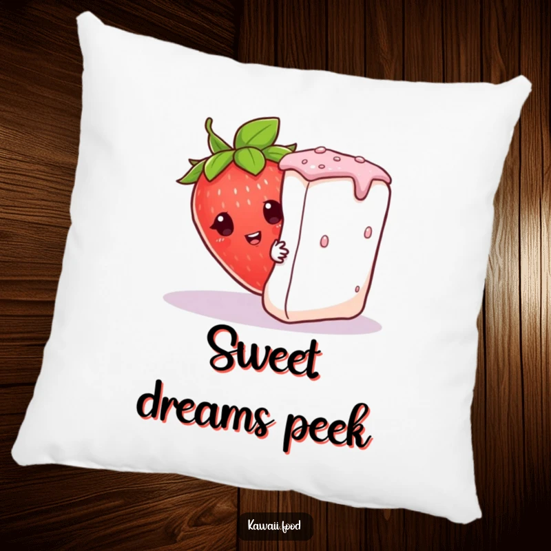 Funny curious strawberry wearing a leaf hat, peeking from behind a giant sugar cube, offering comfort and humor on this pillow.