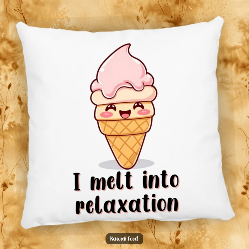 Funny ice cream cone pillow, giggling and melting then reforming, a soft and humorous character offering comforting, funny vibes.