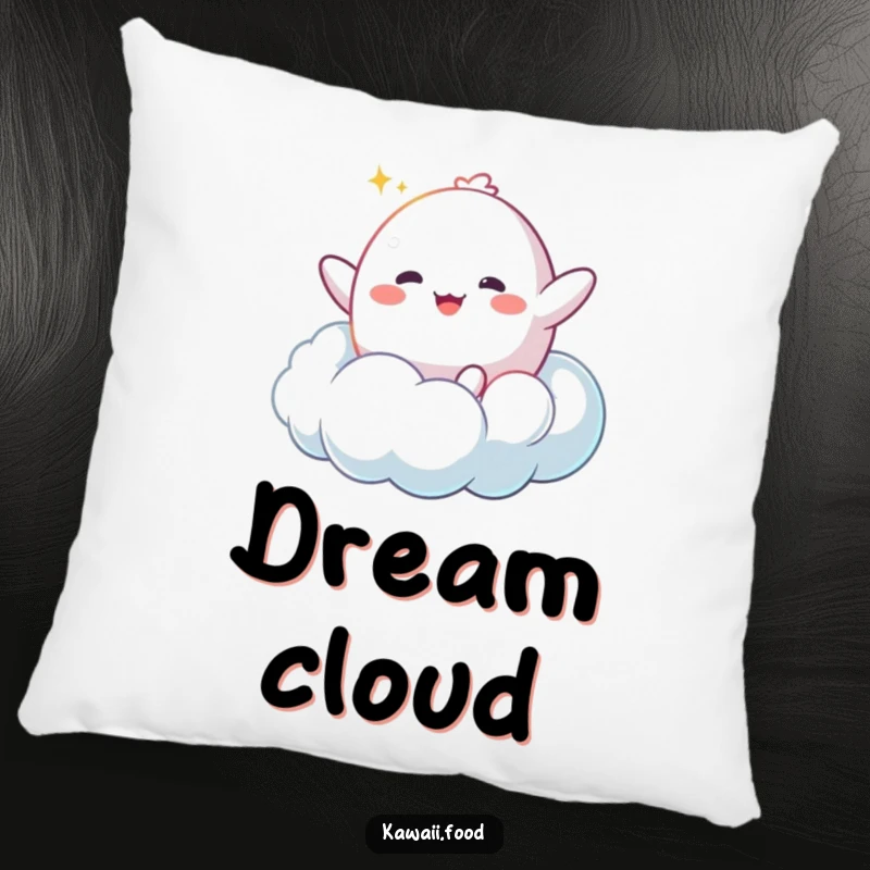 Funny Mochi Cloud Pillow: A happy mochi character bouncing enthusiastically on a fluffy cloud, soft and dreamily humorous home decor.