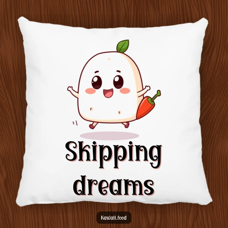 Funny Onigiri Skip Pillow: A bouncing onigiri character with big eyes joyfully skipping with a chili pepper, soft and playfully spicy decor.