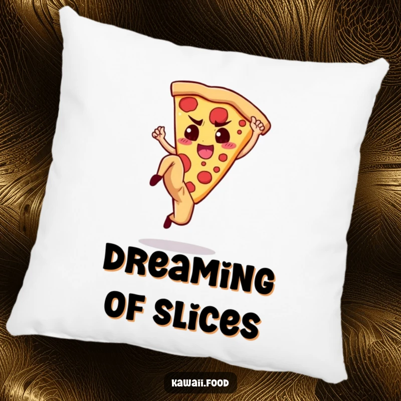 Funny Pillow: Soft cushion featuring a determined pizza slice executing a high kick, combining comfort and humor.