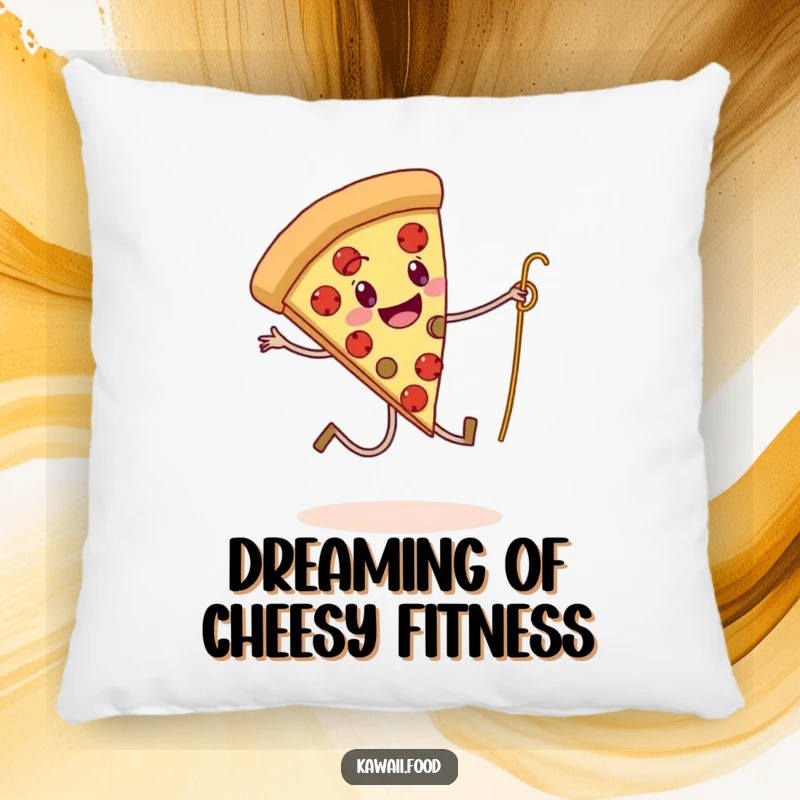 Funny pillow featuring a pizza slice with legs skipping rope with a spaghetti strand, a soft and humorous accent.