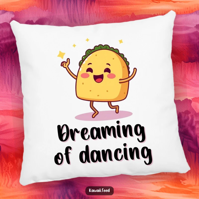 Funny Pillow: A soft cushion featuring a smiling taco with legs joyfully dancing salsa, offering a humorous and festive accent piece.