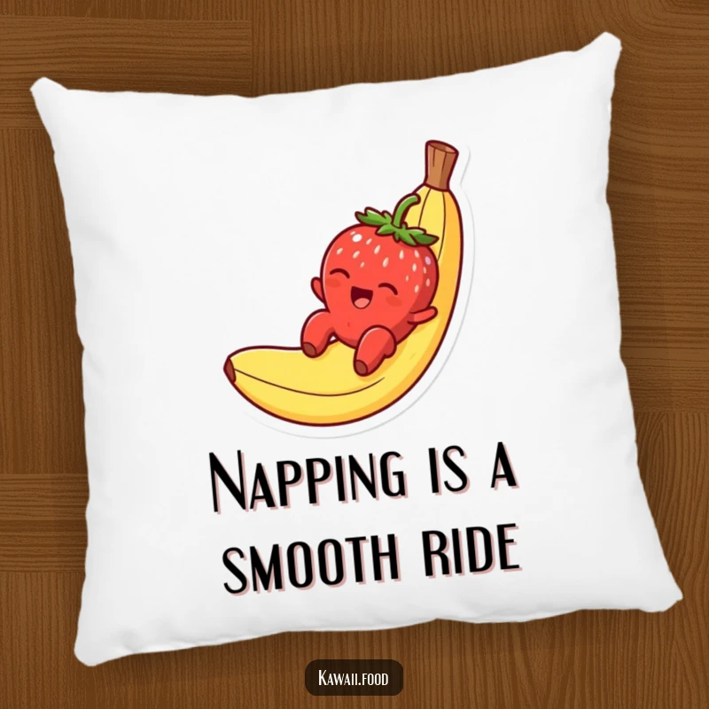 Funny pillow showcasing a smiling strawberry character gleefully sliding down a banana peel, soft and full of fruity charm.