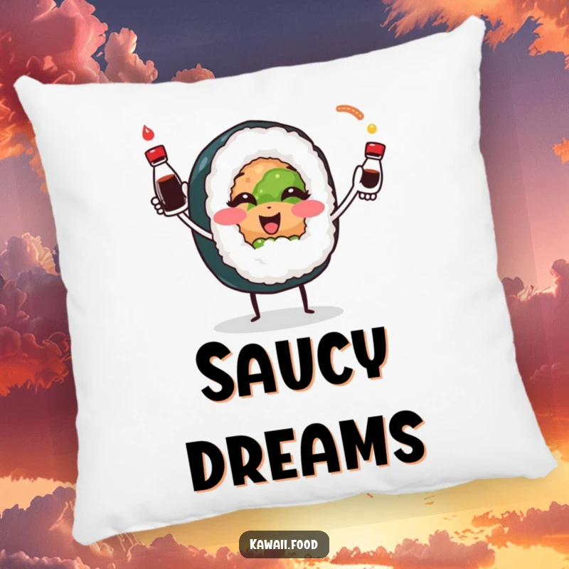 Smiling sushi roll character playfully juggling tiny soy sauce bottles, providing a soft and humorous touch to any cozy setting.