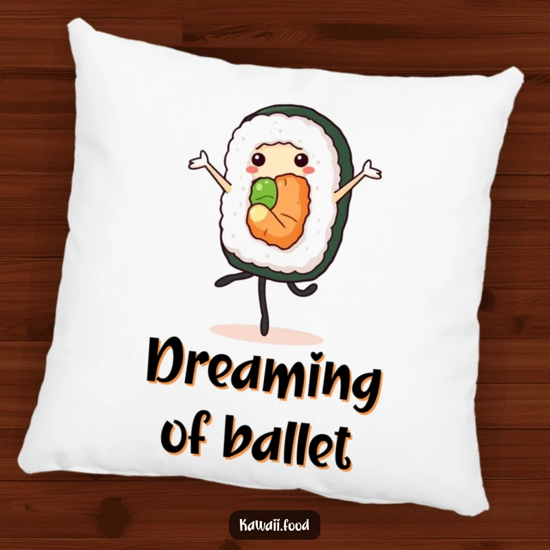 Soft, funny cheerful sushi roll performing a pirouette, on a plush pillow, designed for elegant and humorous decor.