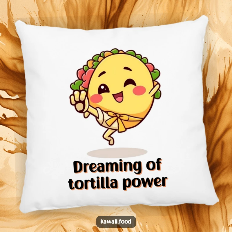 Funny pillow showcasing a happy taco character doing an energetic karate kick, soft and full of flavor.