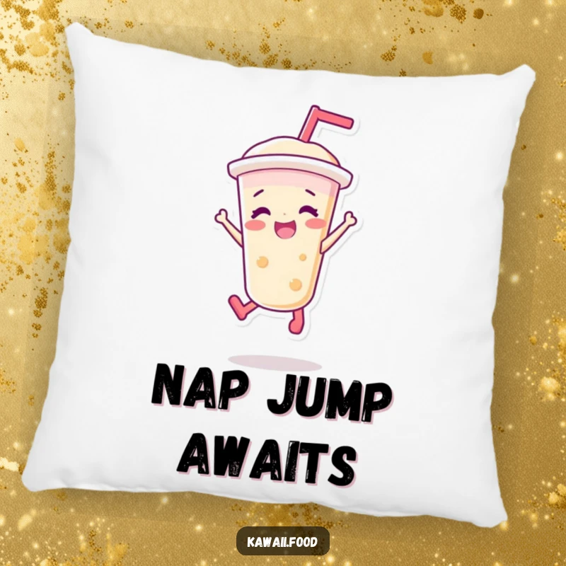 Funny pillow with a vibrant bubble tea character in a joyful jump, perfect for adding comforting energy and playful humor to any cozy spot.