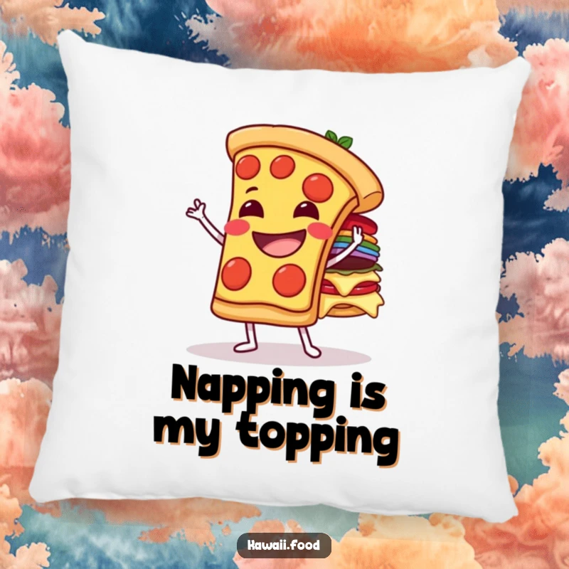 Funny grinning pizza slice character balancing toppings on a soft pillow, providing comfort and a humorous, delicious touch.