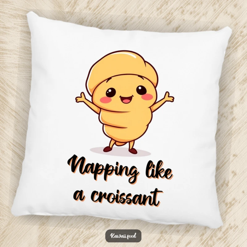 Funny pillow featuring a smiling croissant character doing a silly little jig, a soft and humorous addition to any seating.